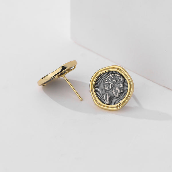 FE2271 925 Sterling Silver Portrait Ancient Coin Stud Earrings