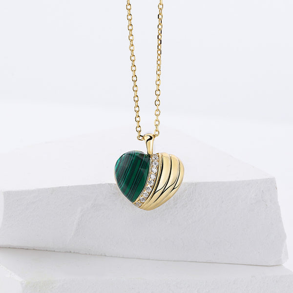 FX1034 925 Sterling Silver Zirconia Malachite Plump Heart Necklaces