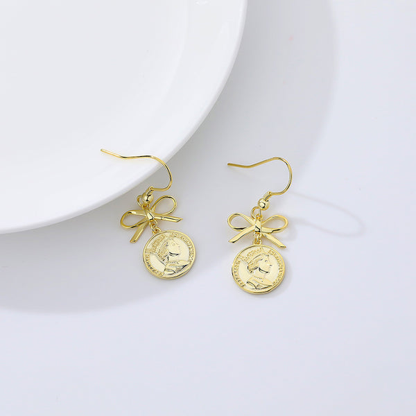 FE2612 925 Sterling Silver Empress Portrait Embossed Ancient Coins Dangle Stud Earring