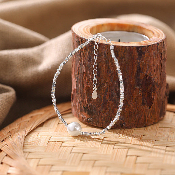 FS0338 925 Sterling Silver Shell Pearl Broken Silver Bracelet