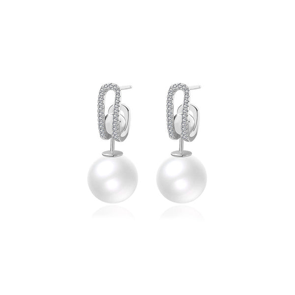 FE2701 925 Sterling Silver Elegant Zircon Shell Pearl Dangle Stud Earrings