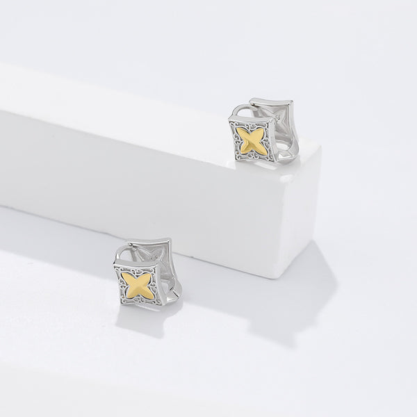 FE2489 925 Sterling Silver Four Pointed Star Contrasting Color Hoop Earrings