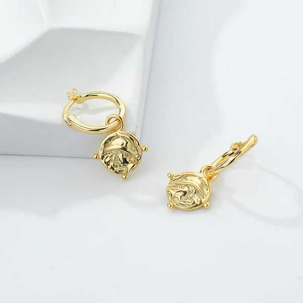 FE2616 925 Sterling Silver Relief Portrait Dangle Hoop Earring