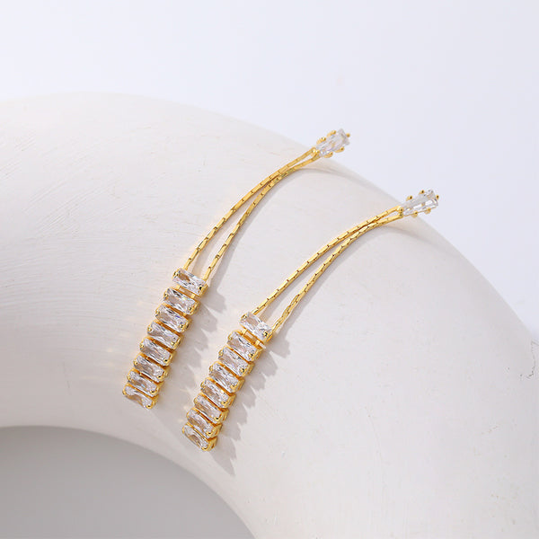 FE2689 925 Sterliang Silver Long Tassel Zircon Dangle Stud Earring