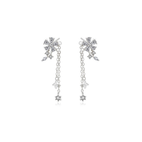 FE2683 925 Sterling Silver Long Tassel Butterfly Flower Zircon Stud Earrings