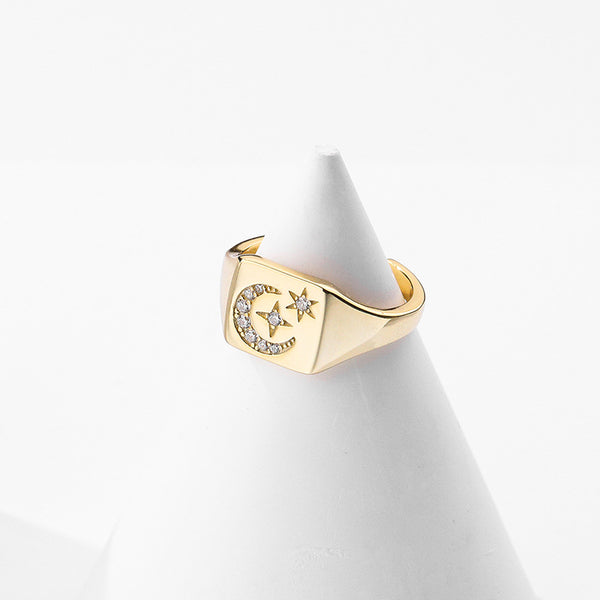 FJ0891 925 Sterling Silver Moon Star Signet Ring
