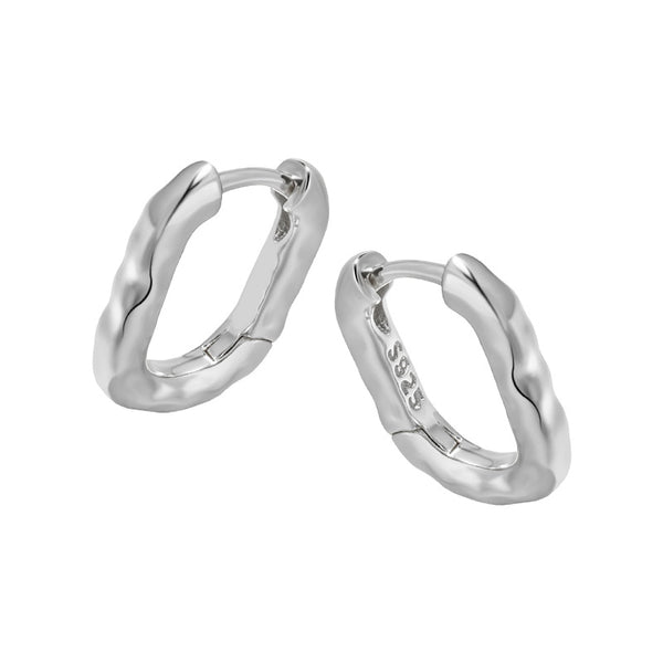 RHE1335 925 Sterling Silver Textured Geometric Oval Hoop Earrings