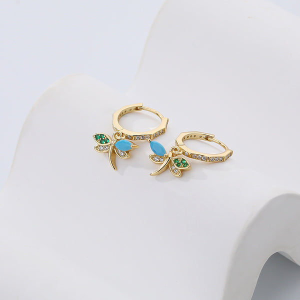 FE2580 Turquoise Dragonfly Dangle Hoop Earring