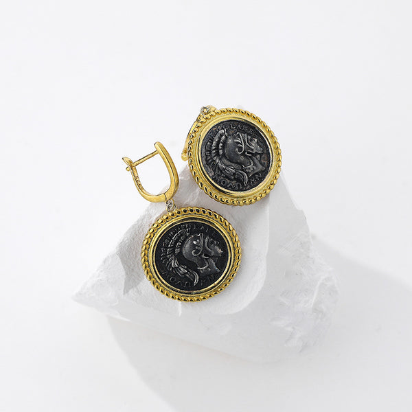 FE2501 925 Sterling Silver Retro Portrait Coins Dangle Earrings