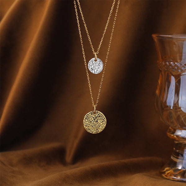 FX1260 925 Sterling Silver Double Texture Coin Necklace