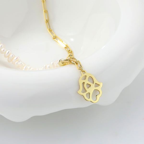 FX1085 925 Sterling Silver Hollow Hamsa Hand Pearl Necklace
