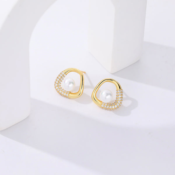 FE2658 925 Sterling Silver Cubic Zirconia Shell Pearl Stud Earrings