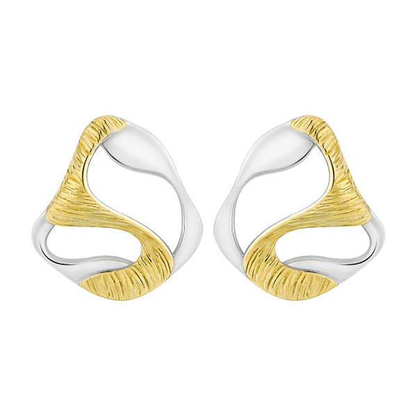 RHE1342 925 Sterling Silver Two-tone Geometric Cutout Textured Stud Earrings