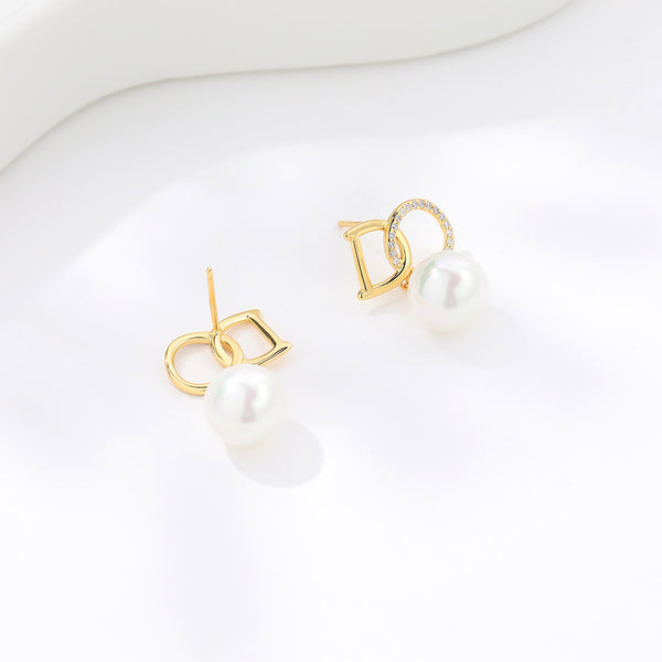 FE2524 925 Sterling Silver CZ Stone DO Letter Shell Pearl Dangle Stud Earring