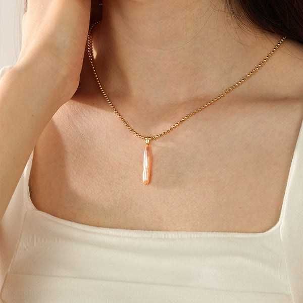 PN0149 925 Sterling Silver Champagne Strip Pearl Pendant Necklace