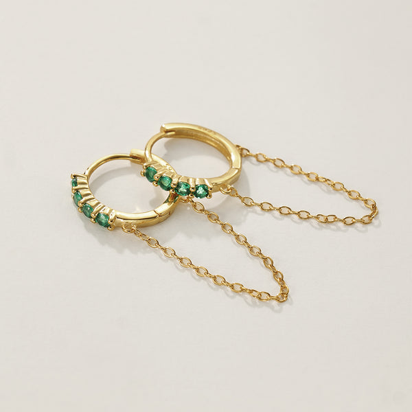 FE2286 925 Sterling Silver Green CZ Chain Hoop Earrings