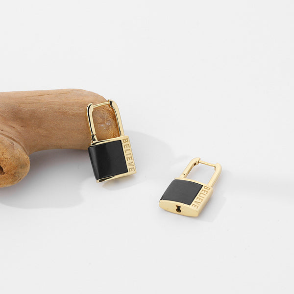 FE2540 925 Sterling Silver Onyx Peacock Green Stone Letter Lock Dangle Hoop Earring