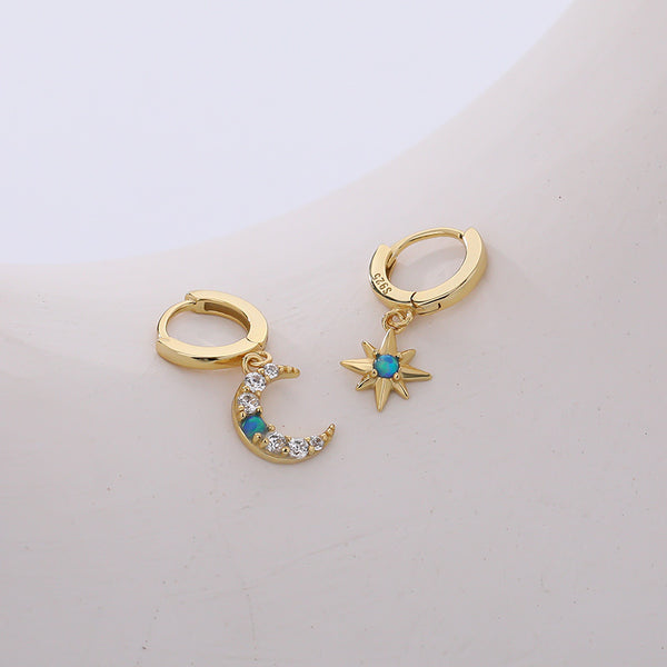 FE2996 925 Sterling Silver Crescent and Star Dangle Earring