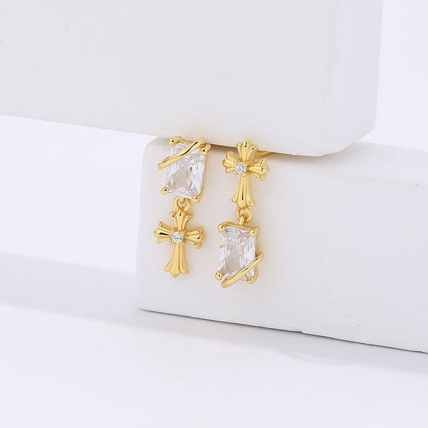 FE2650 925 Sterliang Silver Asymmetric Zircon Cross Dangle Stud Earring