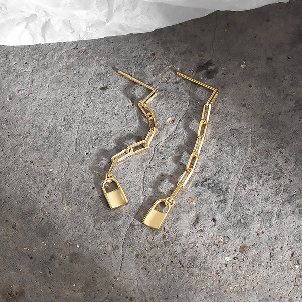 FE2594 925 Sterling Silver Tassel Chain Lock Dangle Stud Earring