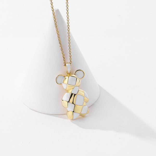 FX1143 925 Sterling Silver Checkerboard Bear Pendant Necklace