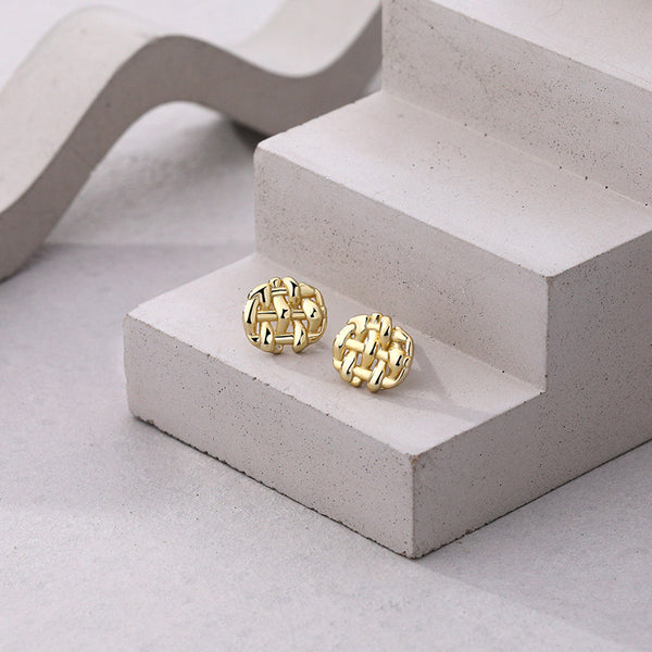 FE2572 925 Sterling Silver Retro Woven Mesh Round Stud Earring