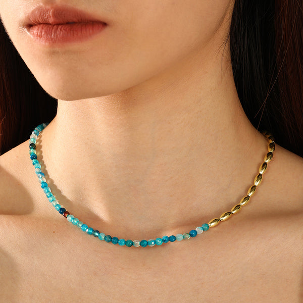 PN0091 Blue Agate Gold Beaded Necklace