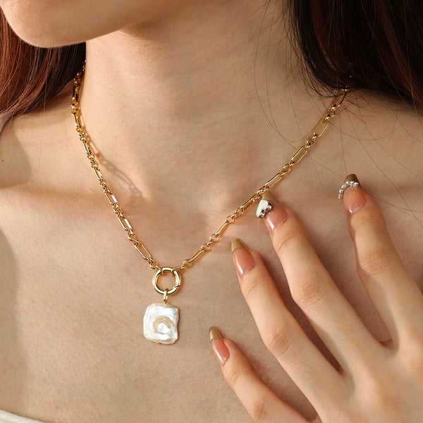 PN0152 925 Sterling Silver Square Baroque Pearl Pendant Necklace