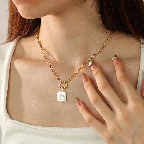 PN0152 925 Sterling Silver Square Baroque Pearl Pendant Necklace