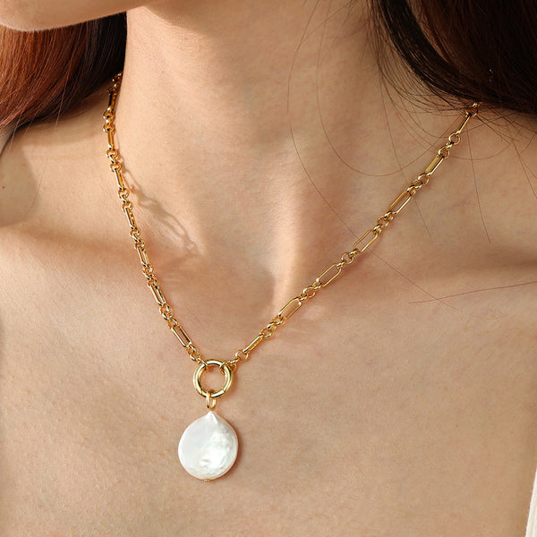 PN0145 925 Sterling Silver Flat Pearl Pendant Necklace