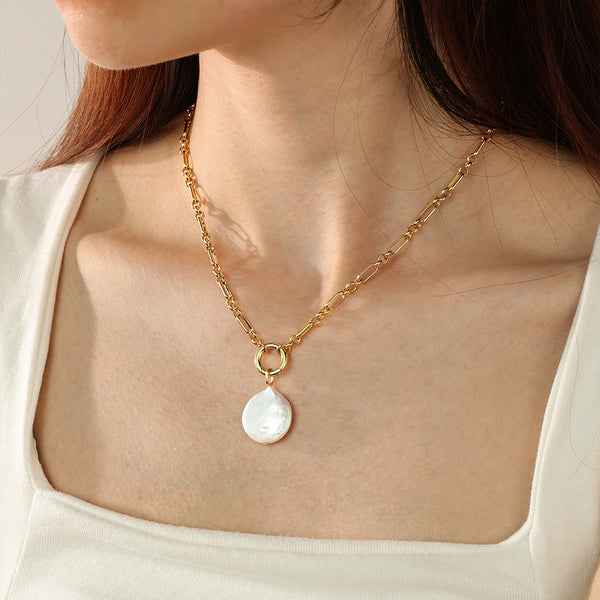 PN0145 925 Sterling Silver Flat Pearl Pendant Necklace