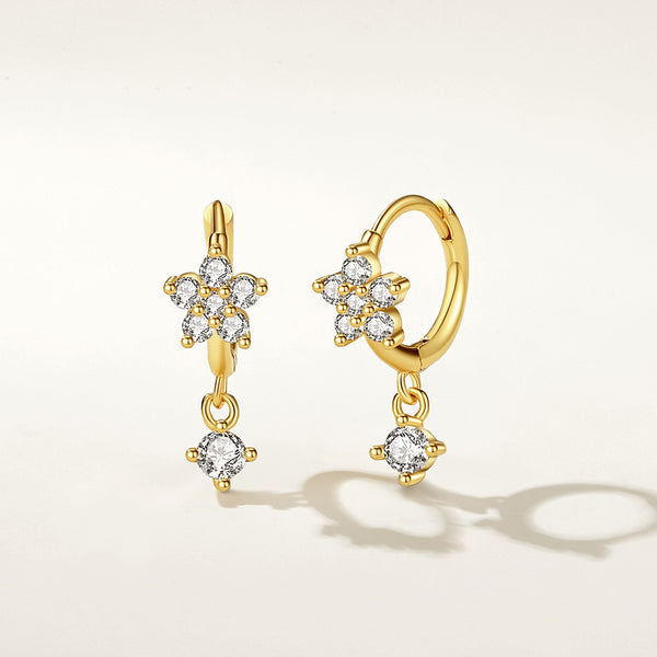 FE2311 925 Sterling Silver Cubic Zirconia Flower Dangle Hoop Earrings