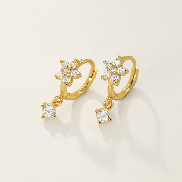 FE2311 925 Sterling Silver Cubic Zirconia Flower Dangle Hoop Earrings