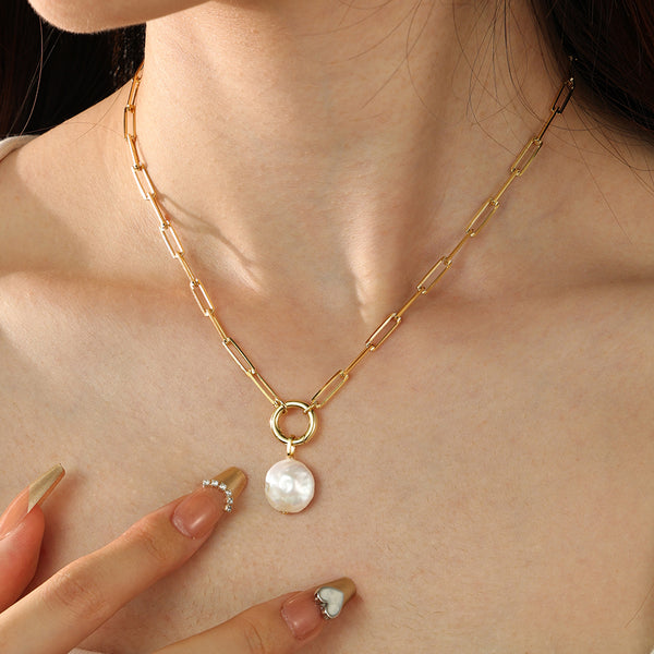 PN0148 925 Sterling Silver Baroque Pearl Box Chain Necklace