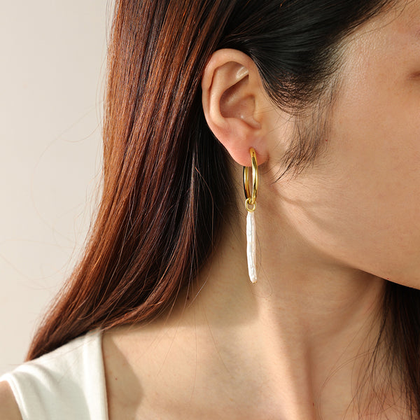 PE0167 925 Sterling Silver Irregular Strip Pearl Dangle Earrings