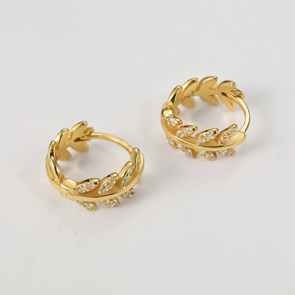 YHE0146 925 Sterling Silver Pave CZ Olive Leaf Hoop Earrings