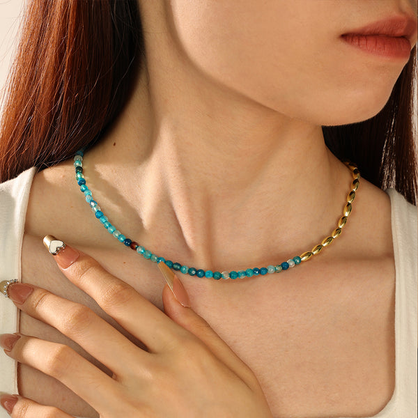 PN0091 Blue Agate Gold Beaded Necklace
