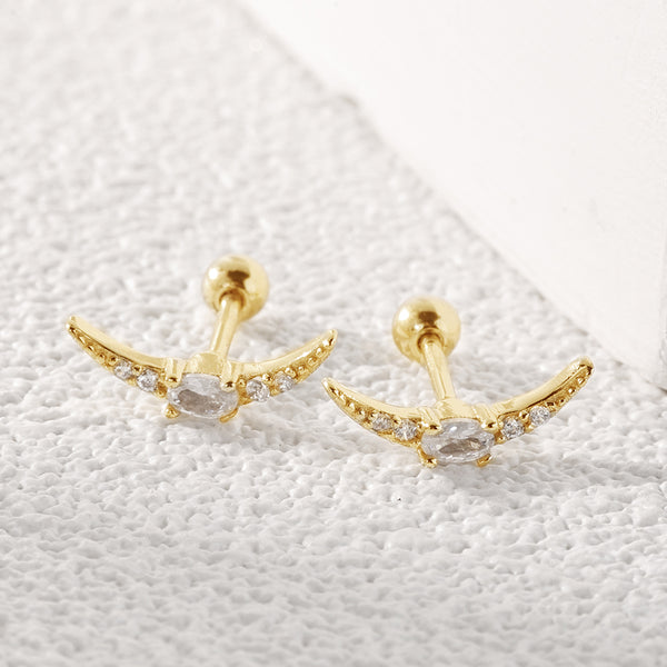 FE2054 925 Sterling Silver CZ Oval Moon Crescent Barbell Stud Earrings