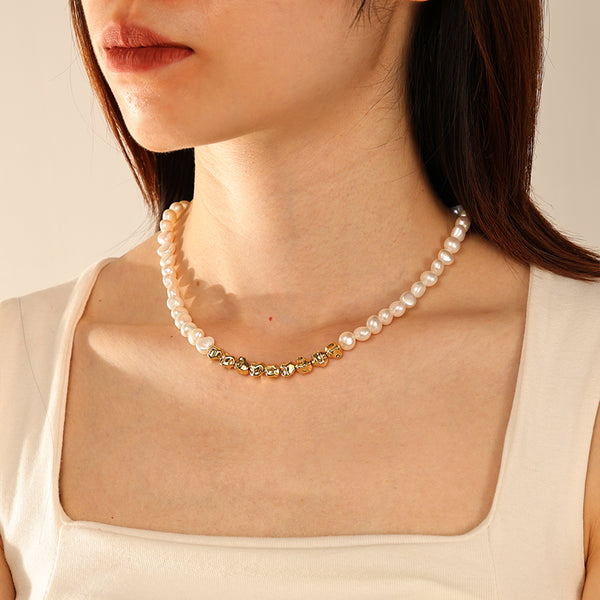 PN0179 Brass Gold Bead Freshwater Pearl Necklace
