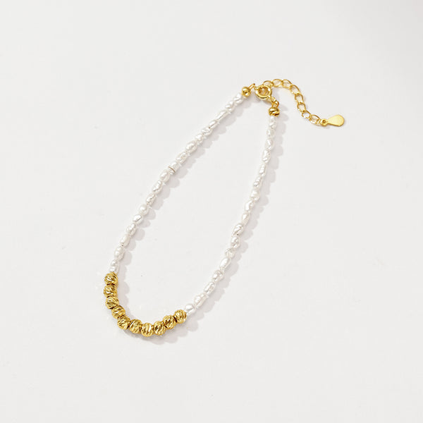 PB0101 925 Sterling Silver White Freshwater Pearl Gold Bead Bracelet