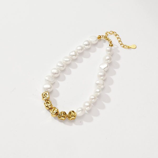 PB0103 925 Sterling Silver Gold Bead Freshwater Pearl Bracelet