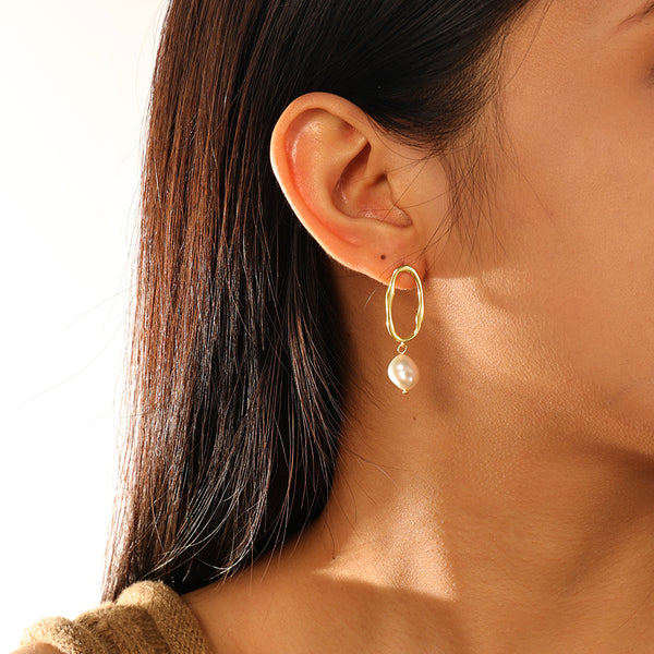 FE2709 925 Sterling Silver Hollow Hoop Pearl Dangle Earring