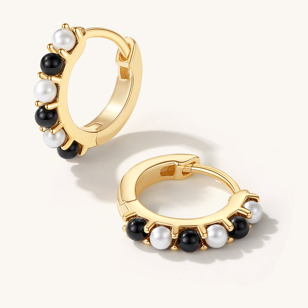 FE2064 925 Sterling Silver Shell Pearl Black Onyx Hoop Earrings