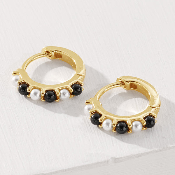 FE2064 925 Sterling Silver Shell Pearl Black Onyx Hoop Earrings