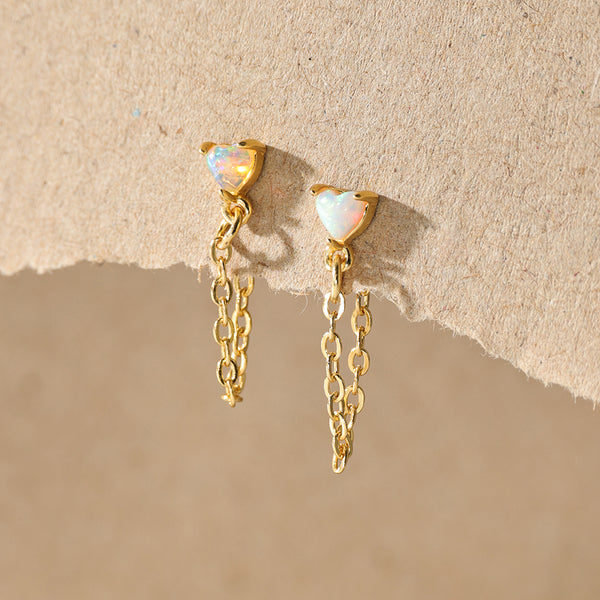 VFE0275 Heart Opal Chain Stud Earrings