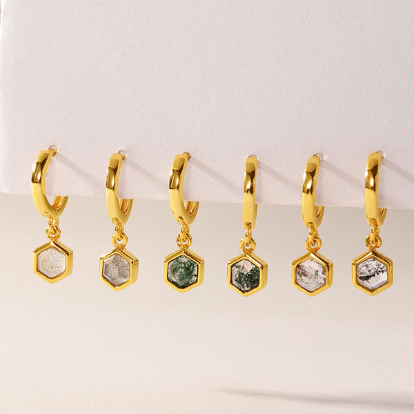 VFE0241 Hexagon Natural Stone Dangle Hoop Earring