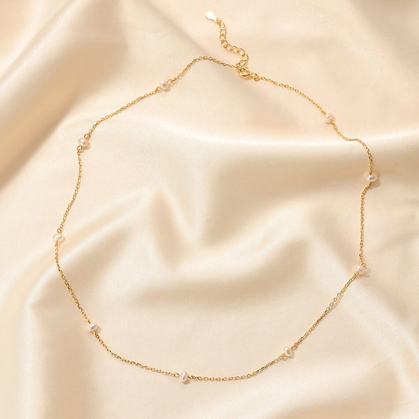 PN0244 925 Sterling Silver Minimalist Freshwater Pearl Bead Charm Chain Necklaces