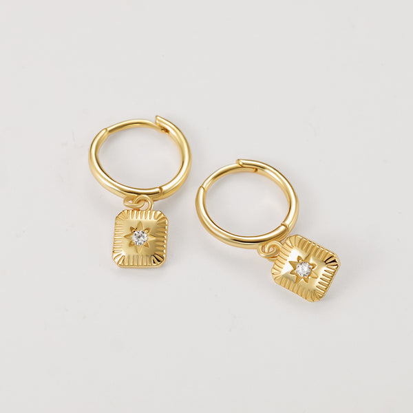 FE2133 925 Sterling Silver Square Starburst Dangle Hoop Earrings