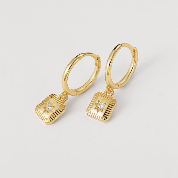 FE2133 925 Sterling Silver Square Starburst Dangle Hoop Earrings