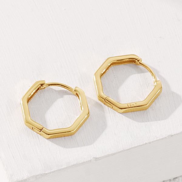 FE2042 925 Sterling Silver Geometric Hexagon Huggie Hoop Earrings